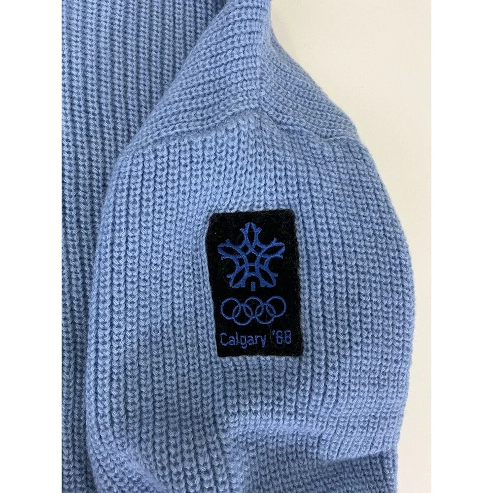 VTG 1988 Calgary XV Winter Olympics White Rail Sweater Light Blue Sz L 100% Wool